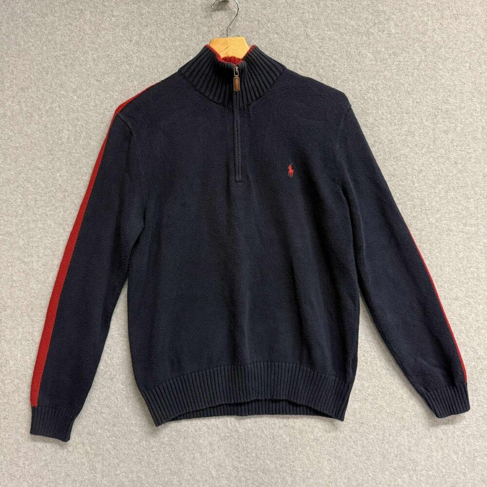 Polo Ralph Lauren Vintage Sweater Men’s Large Blue Striped Sleeve Knit 1/4 Zip